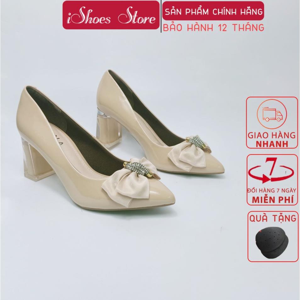 Giày SUNA da bóng đính nơ cao cấp gót vuông bọc mica cao 7cm - D775
