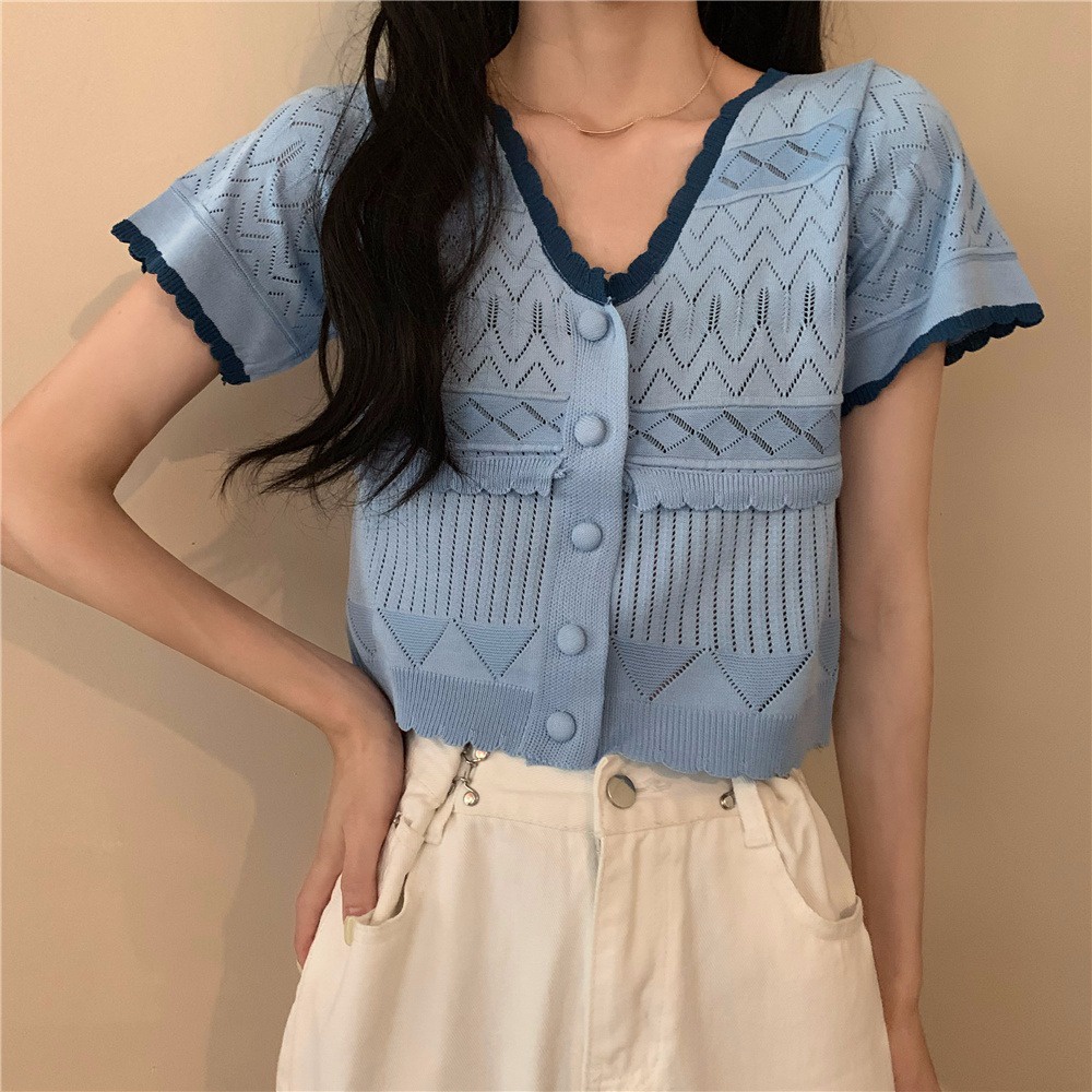 Áo lửng dệt kim ZHELIHANGFEI tay ngắn cổ chữ V thời trang dễ thương dành cho nữ