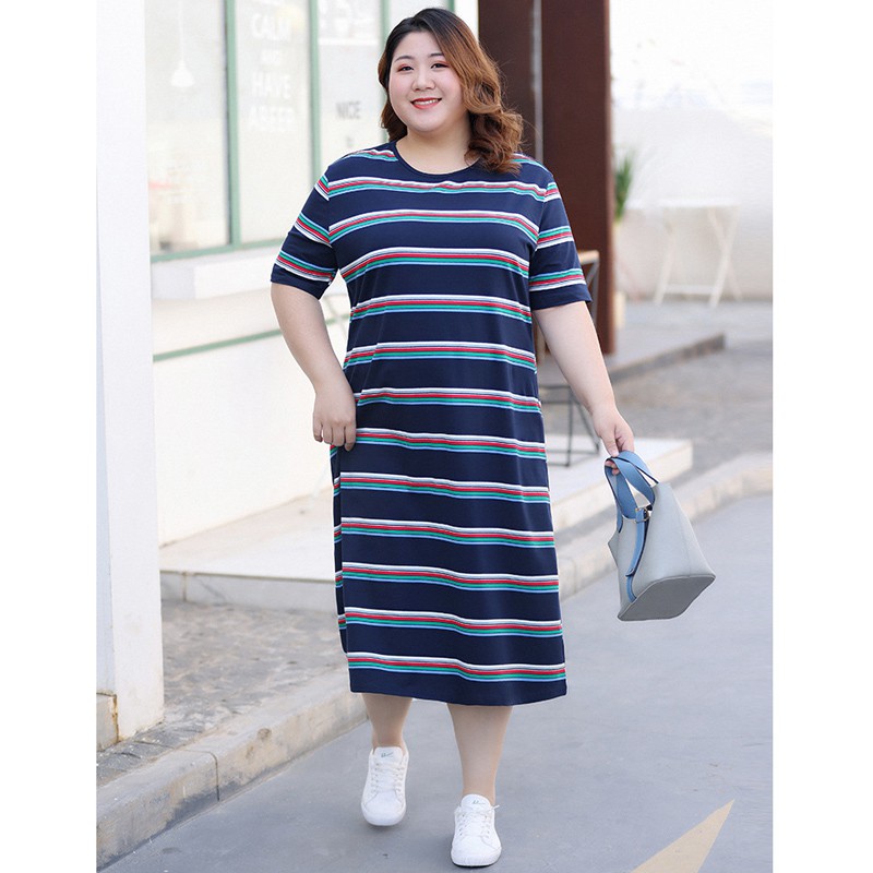 Đầm Cotton Thể Thao Dáng Rộng Co Giãn Tốt Kẻ Sọc Ngang Size Xl-6Xl 120kg