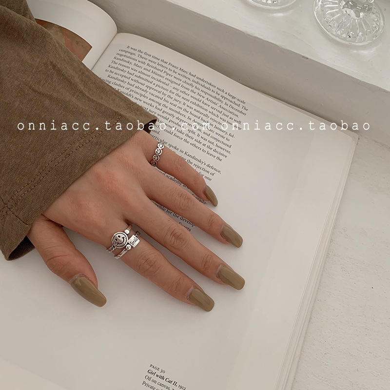 Nhẫn Bạc s925 Hình Mặt Cười Có Thể Điều Chỉnh Kích Cỡ Phong Cách retro Thời Trang