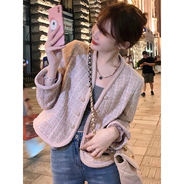 Áo dạ tweed khoác nhẹ hai màu đen-hồng