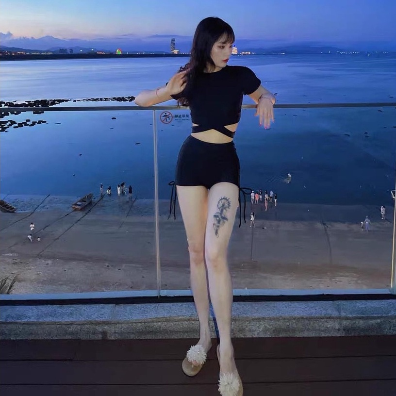 [ĐỒ BƠI 2 MẢNH] Bikini nữ 2 mảnh áo tay ngắn cột nơ bụng mix quần short dây rút kín đáo (kèm hình chụp thật)