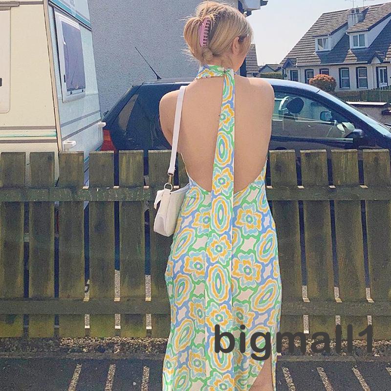 Bigmall-đầm Maxi Cổ Đứng Mỏng Mùa Hè Họa Tiết In Xẻ Tà Màu Xanh Lá Cây (Một Mảnh)