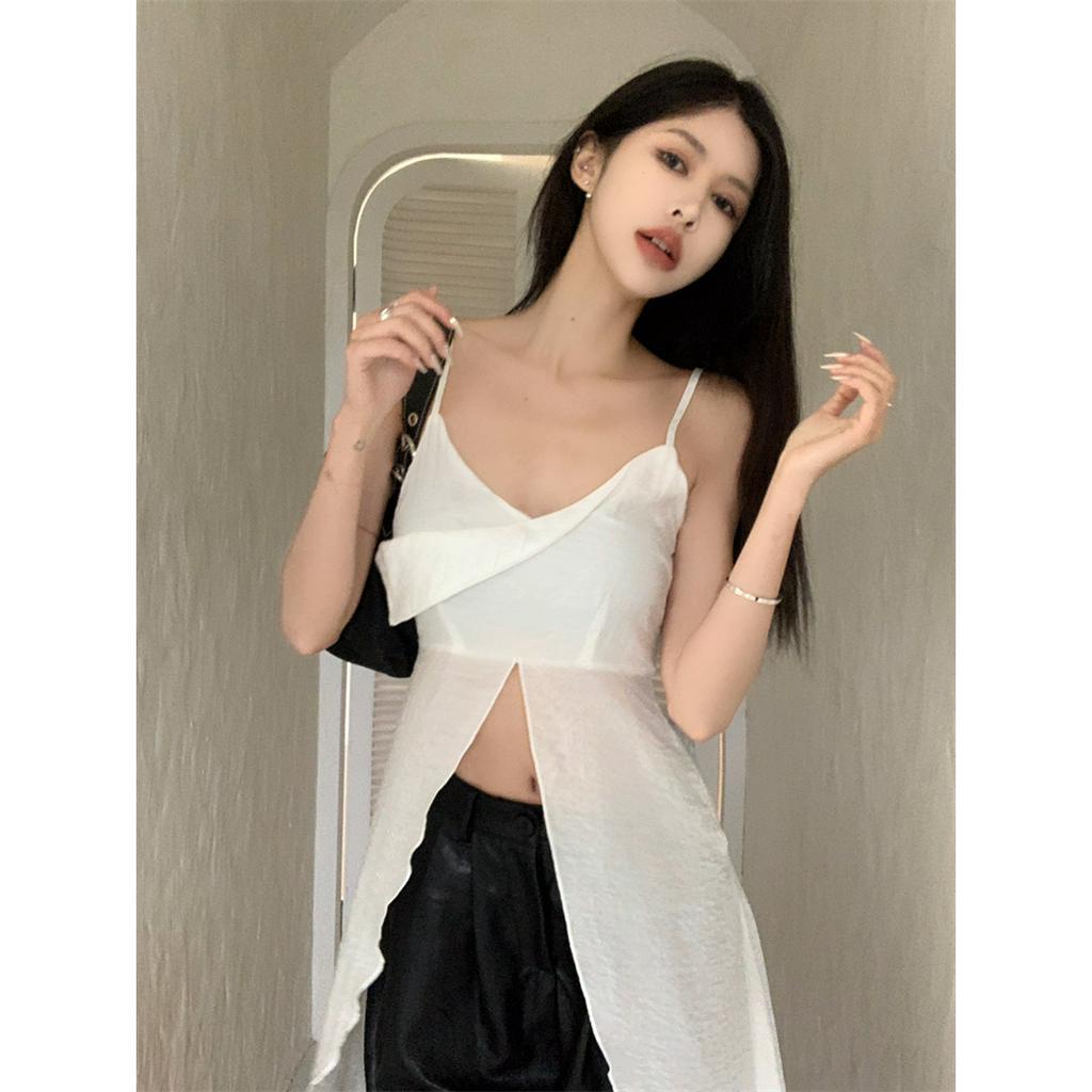 Áo Hai Dây Mùa Hè Màu Trắng Lệch Lưng Gợi Cảm Phong Cách Kỳ Nghỉ Ngọt Ngào Cho Nữ
