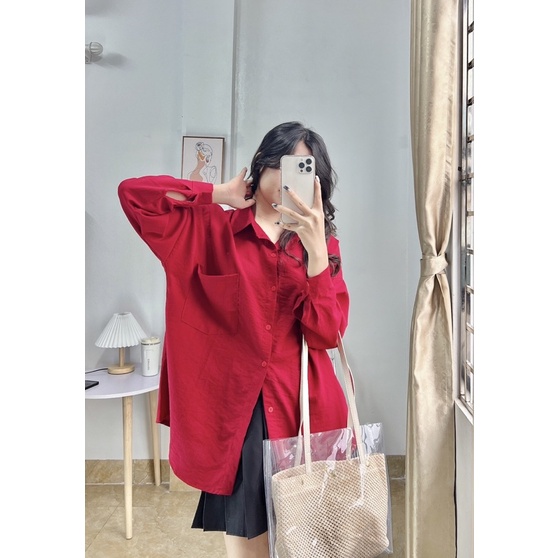 Áo sơ mi đỏ dáng rộng chất liệu đũi