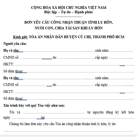 mẫu đơn ly hôn thuận tình Tòa án huyện Củ Chi, Tp HCM + bản hướng dẫn viết đơn ly hôn, hồ sơ ly hôn