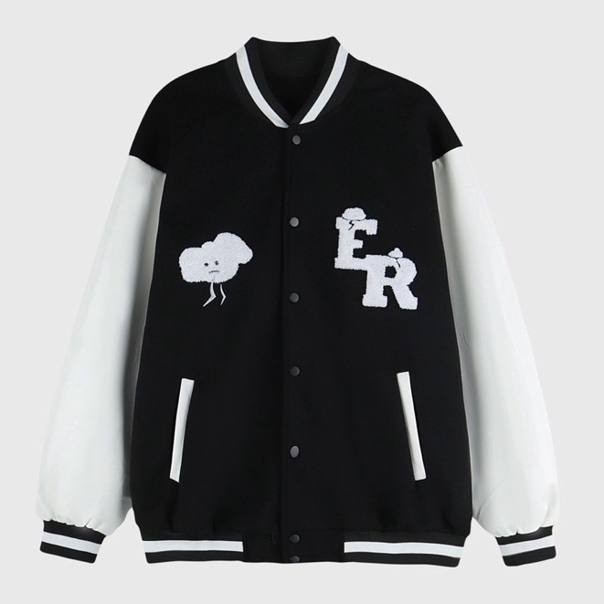 Áo bomber - Jacket varsity chất dạ tay da thêu xù 100% trái tim ER chính hãng