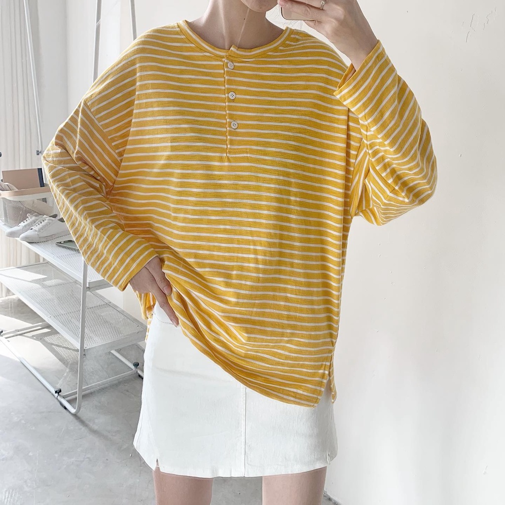 [Miều-SALE] Áo tay dài form rộng họa tiết sọc ATD Button