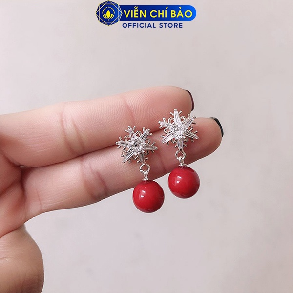 Bông tai bạc nữ bông tuyết quả cầu đỏ chất liệu bạc 925 thời trang phụ kiện trang sức nữ Viễn Chí Bảo B400543