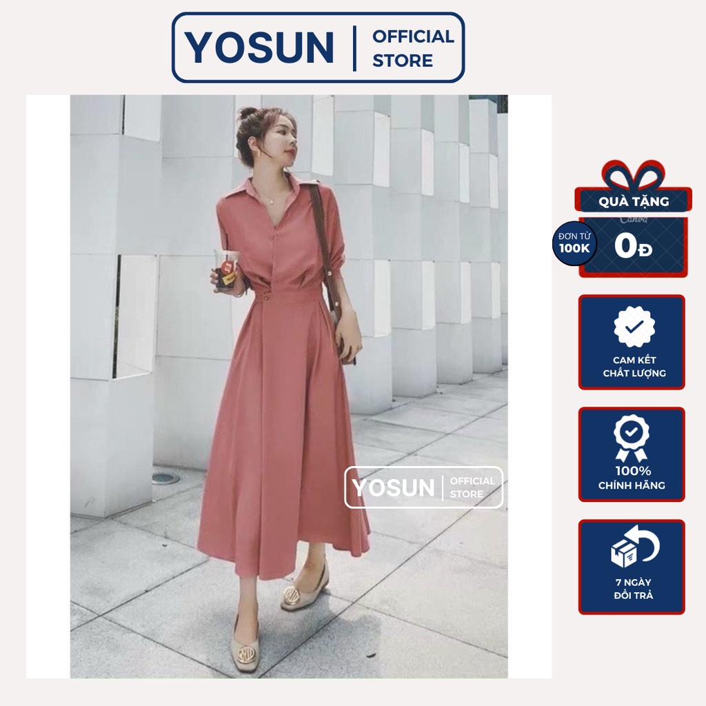 Đầm Nữ Dự Tiệc Cổ Sơ Mi Dáng Dài Chiết Eo Tay Dài Thục Nữ, Váy Nữ Công Sở Form Xòe Chiết Eo Thanh Lịch 2 Màu Kem Hồng