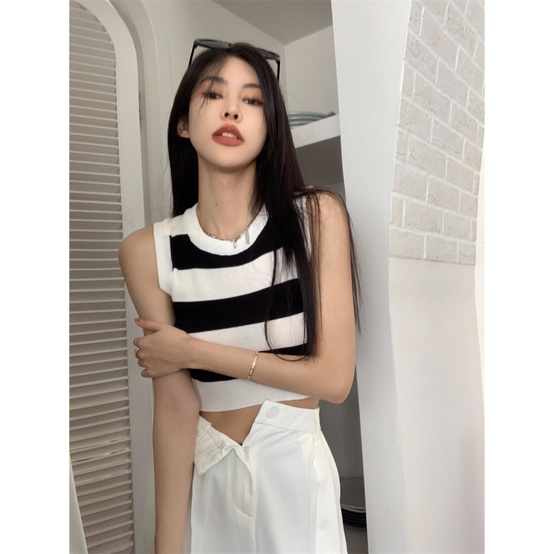 Áo Dệt Kim Sát Nách Dáng Ôm Cổ Tròn Kẻ Sọc Thời Trang Cho Nữ