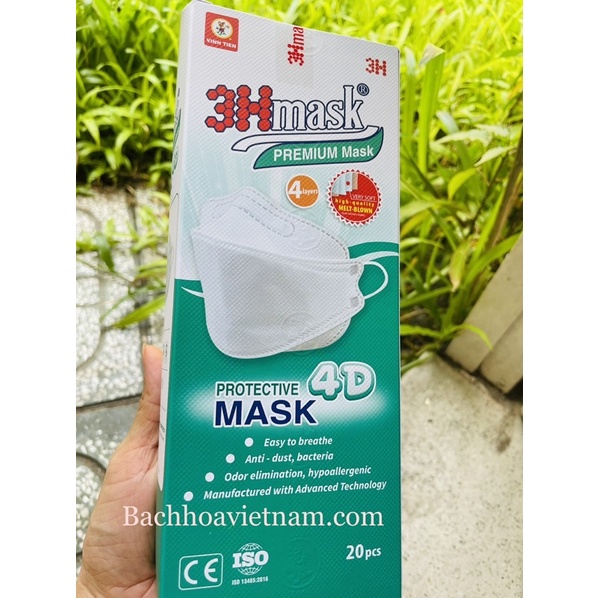 Khẩu trang 4 lớp Vĩnh Tiến 3H Mask 4D (1 hộp 20 cái)|Ôm kín mặt không lem son|Dễ thở|Khử mùi|3Hmask,