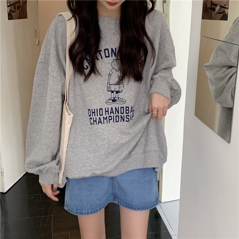 ZHELIHANGFEI Áo Nỉ Cổ Tròn Form Rộng Họa Tiết Hoạt Hình Vui Nhộn