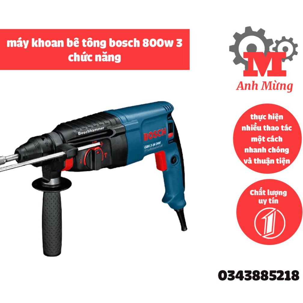 Máy khoan bê tông bosch 800w, 3 chức năng, khoan búa,khoan sắt, vừa khoan vừa búa, đảo chiều, điều chỉnh tốc độ