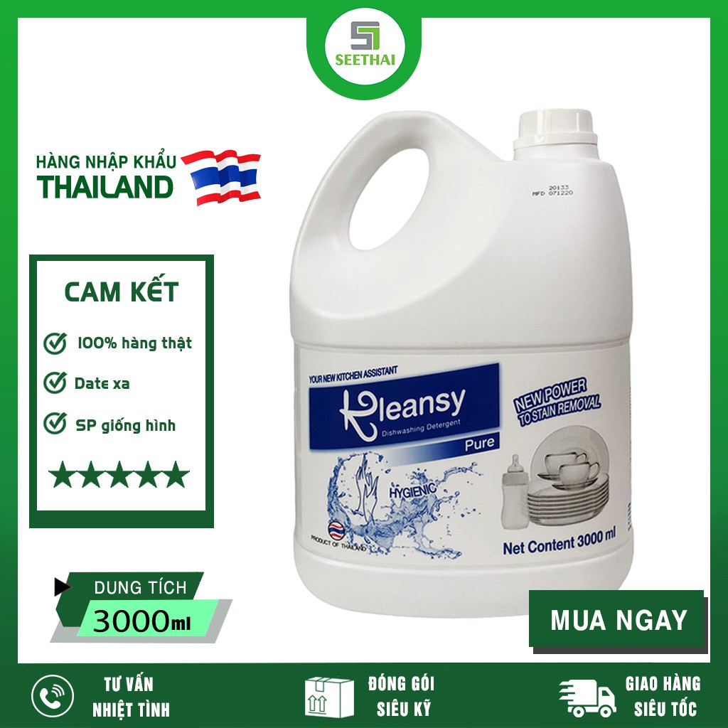Nước rửa chén KLEANSY Pure Hygienic Thái Lan 3000ml - can trắng - Dish washing detergent