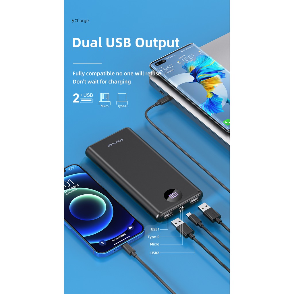 Sạc Dự Phòng Awei P117K PD 22.5W, Sạc Nhanh 10000MAh Phone Cổng USB Kép Màn Hình Kỹ Thuật Số Led Mỏng Sạc USB Type-C Pow