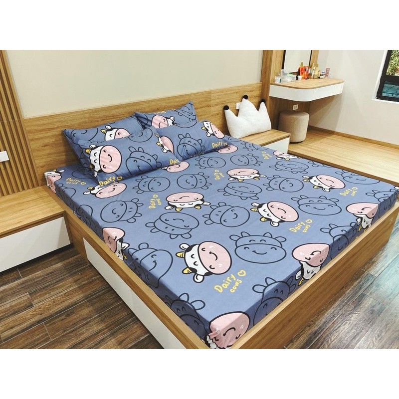 Bộ Ga Gối Cotton Poly Hàn Quốc 3D - Bò Xanh