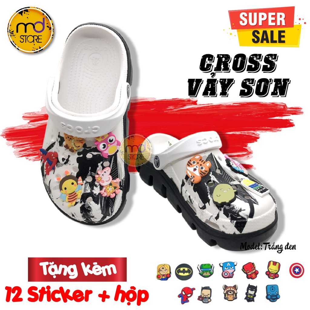 Dép Cross trắng vảy sơn đế lượn sóng, Dép Cross cá sấu bít đầu - Tặng kèm 12 Sticker, Jibitz +Hộp