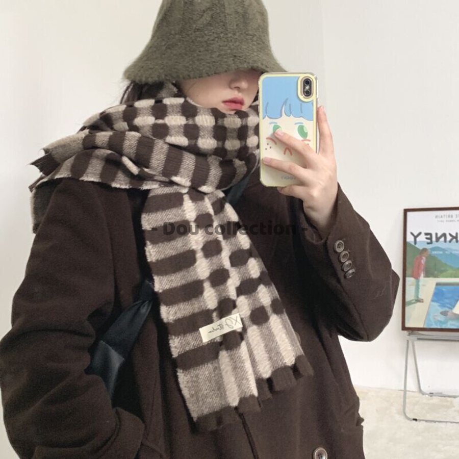 [Nowship2h] Khăn Len Cashmere Quàng Cổ Dày Cao Cấp Giữ Ấm Mùa Đông Caro - 61x206cm - Mã LN023