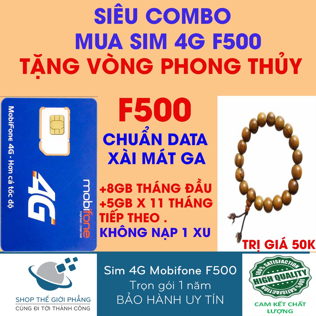 sim 4g mobifone f500 tặng vòng gỗ phong thủy gỗ quý bách xanh