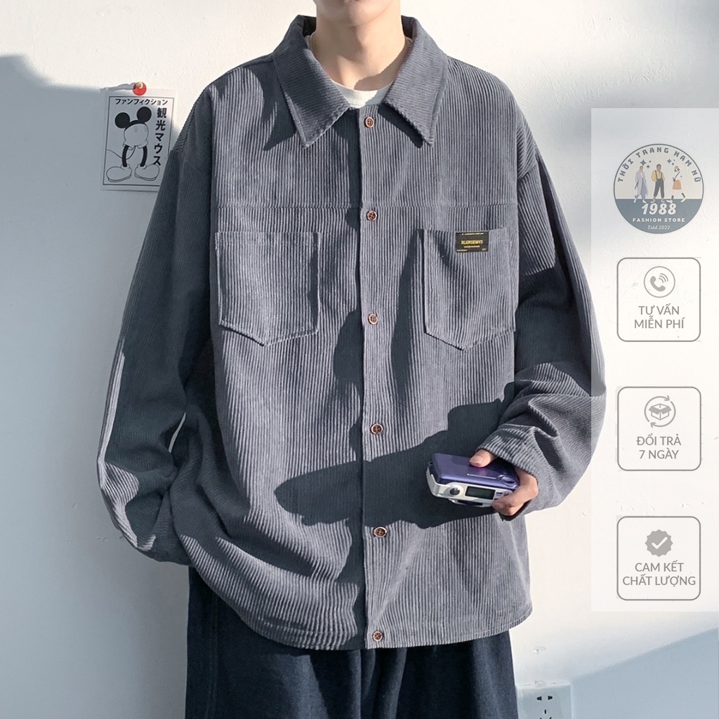 Áo Sơ Mi Nhung Tăm Nam, Áo Sơ Ni Dáng Rộng 2 Túi Ngực Thêu Logo Nam Nữ