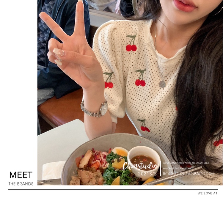 DUNEA Set đồ gồm áo dệt kim cổ chữ V thêu hình trái cherry + chân váy thời trang gợi cảm