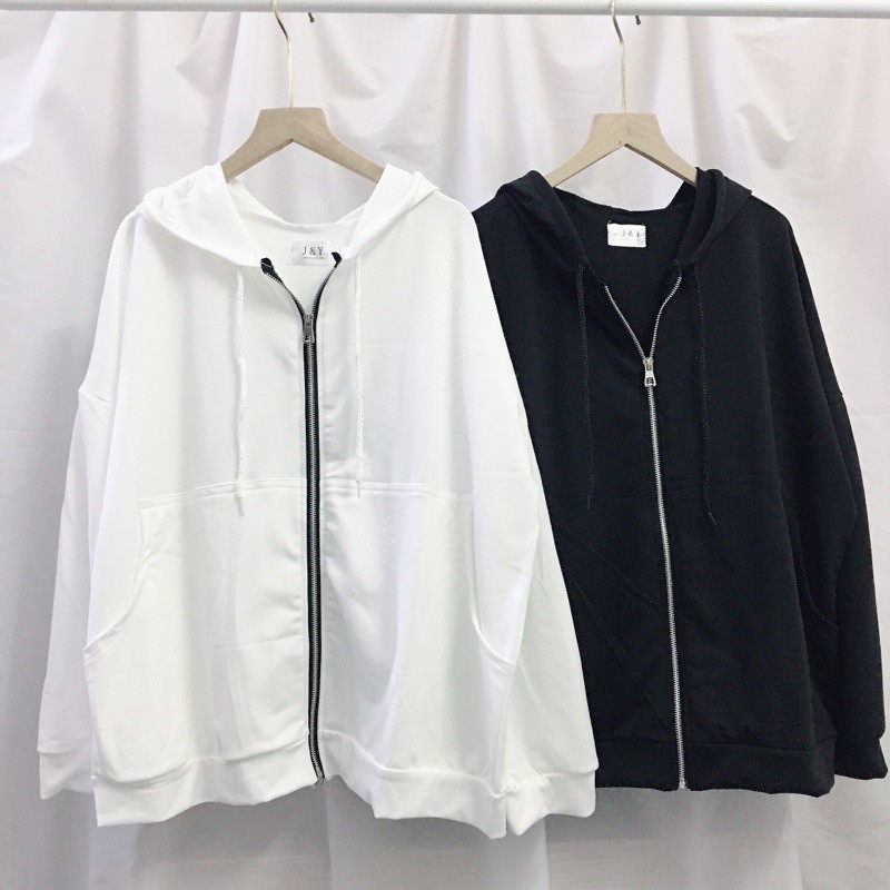 Áo hoodie nam nữ có khóa dọc chất cotton da cá hai màu đen trắng | BigBuy360 - bigbuy360.vn