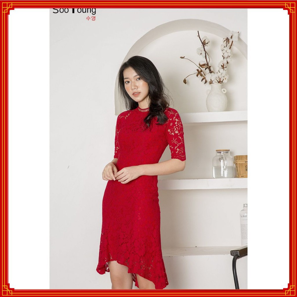Đầm ren đỏ 7 mảnh mulet tay lỡ cổ tròn cao-Sooyoung