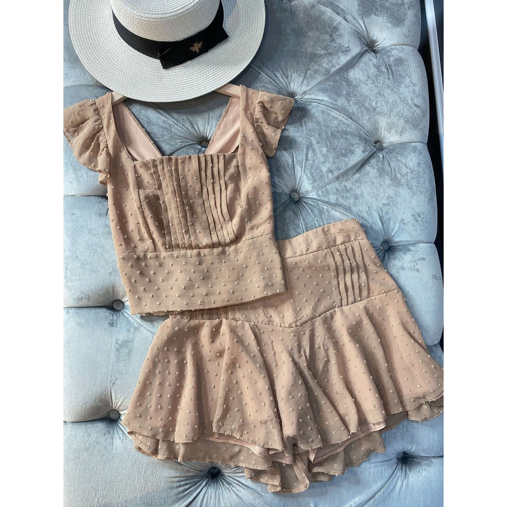 Set bộ voan bi 2 dây croptop dáng ngắn quần trong giả váy đi chơi du lịch
