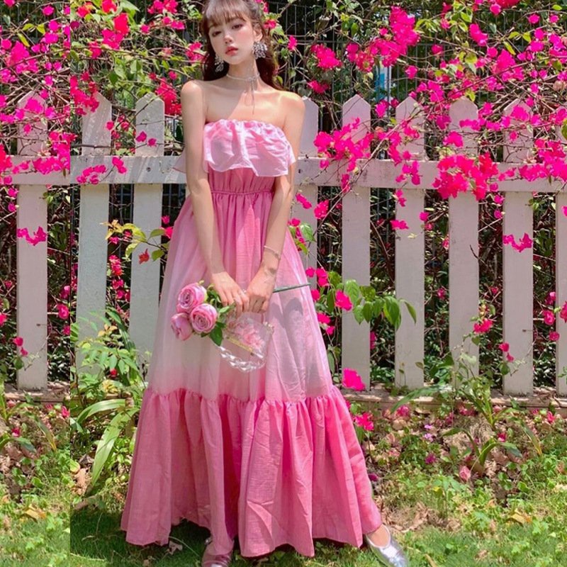 Váy Maxi LUHAZO đi biển nữ trễ vai đẹp dự tiệc dáng dài xòe hở lưng kiểu Hàn Quốc thiết kế sang chảnh DK5