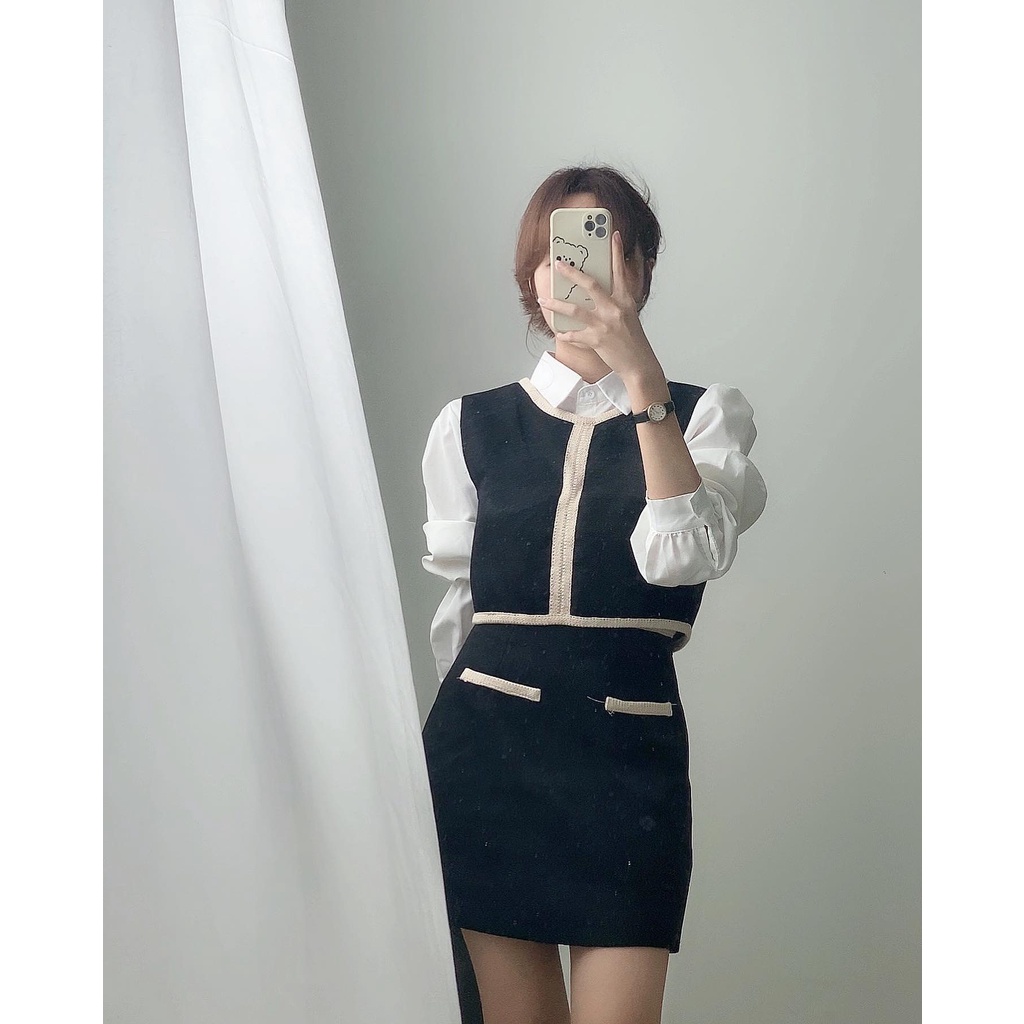 Set Váy Chữ A Và Áo Gile Trẻ Trung Croptop phối Sơmi Tay Phồng Chuẩn Form - immin.h