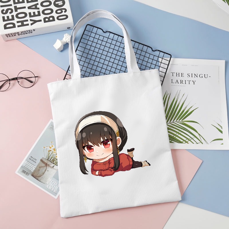 Túi tote vải đen trắng in hình SPY x Family ver nằm anime chibi dễ thương xinh xắn tiện lợi thời trang