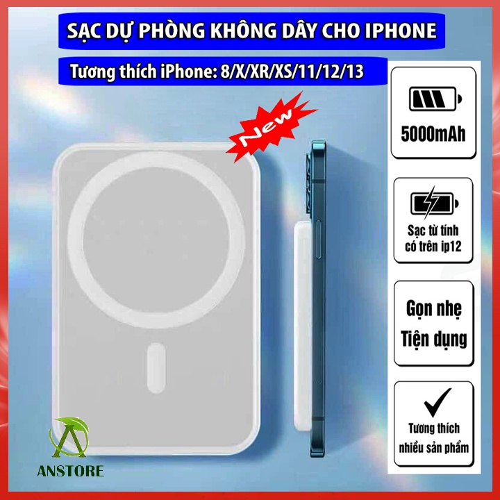 Sạc dự phòng 5000mAh,sạc ko dây ĐT táo,sạc nhanh công suất 20W cao cấp nhỏ gọn