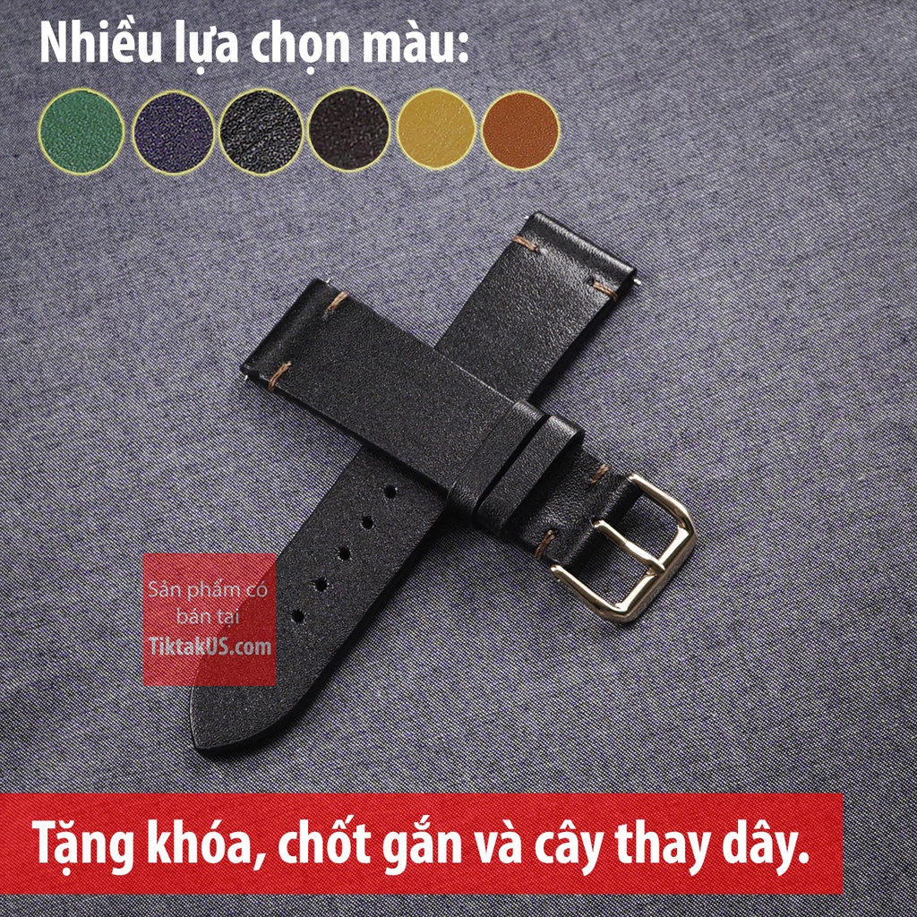 Dây đồng hồ nam da bò thật khóa vàng hồng không chỉ viền, Size 18 đến 24mm