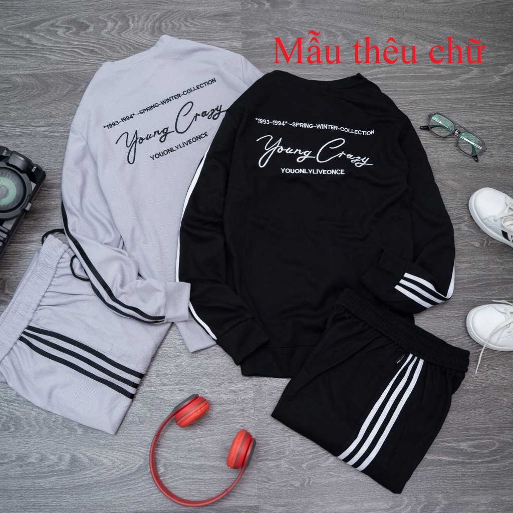 Bộ nỉ nam,bộ quần áo thể thao nam thu đông phối sọc chất nỉ xốp mềm nhẹ-BONIHA01