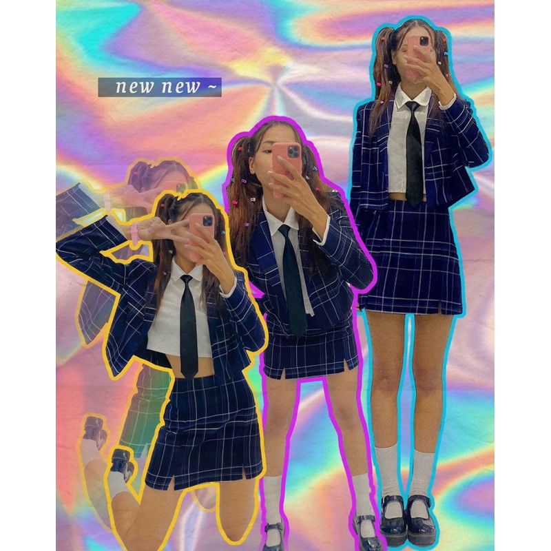 SET áo khoác vest nữ (blazer) croptop sọc caro xanh dương - áo vest blazer nữ phối váy xẻ đùi Dalla Saigon | BigBuy360 - bigbuy360.vn