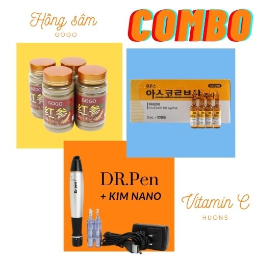 Máy Dr Pen Tích Điện Combo + Vitamin C Hàn Quốc + Hồng Sâm Gogo + 10 Đầu Kim Nano Trọn Bộ Cấy Trắng Chính Hãng