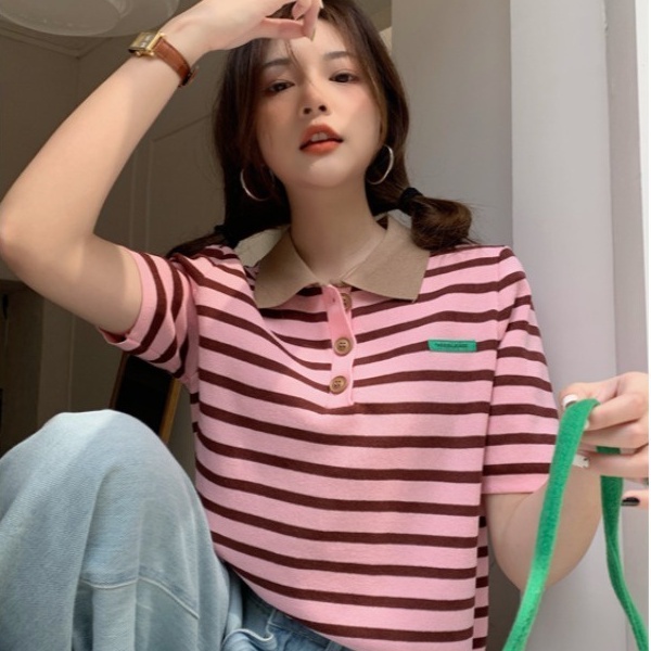 Áo thun polo ZHELIHANGFEI vải dệt kim ngắn tay kẻ sọc thời trang