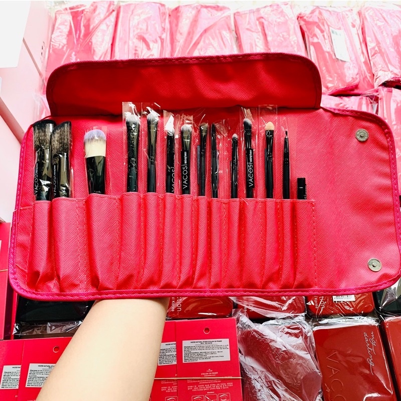 com bo bộ cọ trang điểm 14 cây siêu mịn vacosi mã pc09  vỏ màu Hồng giúp bạn trang điểm dễ dàng  vơi bộ cọ trang điểm