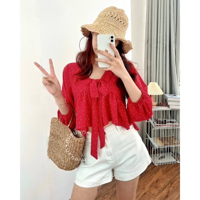 Áo babydoll chất voan hoa nhí cute cột nơ ngực MIEU - HN27