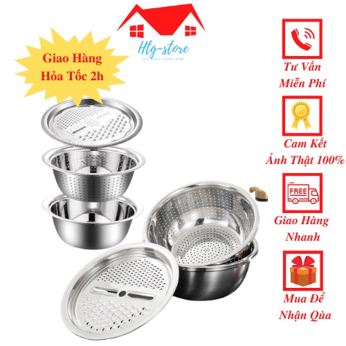 Bộ bào nạo rau củ quả 3 trong 1 bộ bào nạo rau củ quả kiêm rổ chậu inox 304