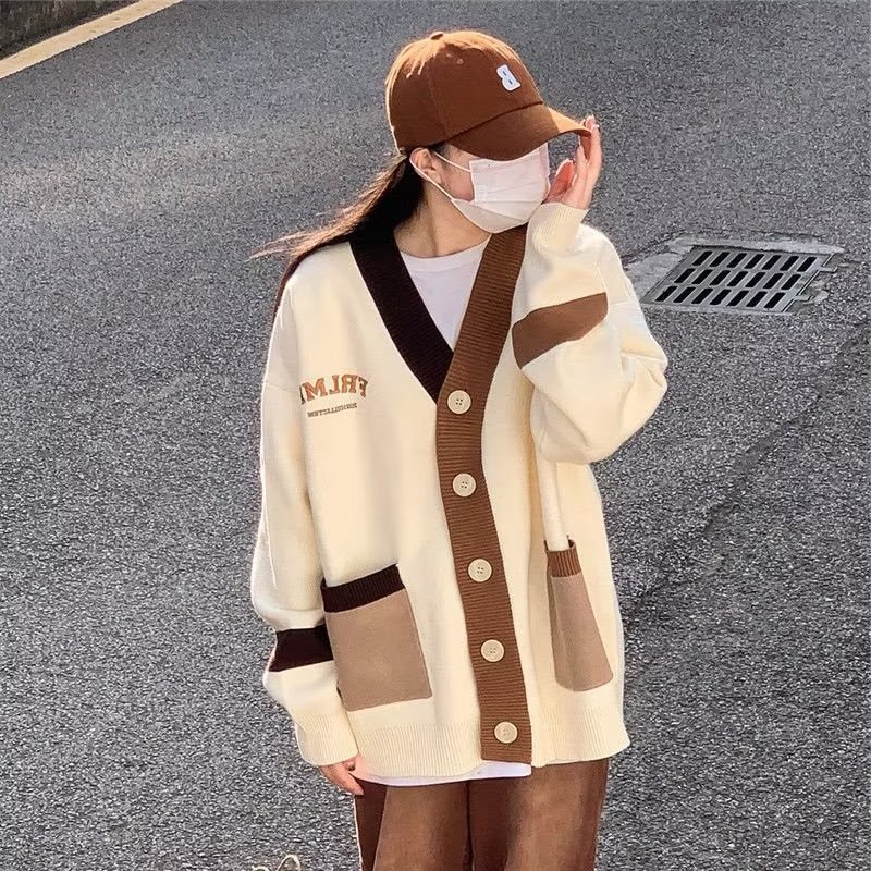 Áo Khoác cardigan Dệt Kim Cổ Chữ V Dáng Rộng Thêu Chữ Màu Khối Thời Trang 2022 Cho Cặp Đôi