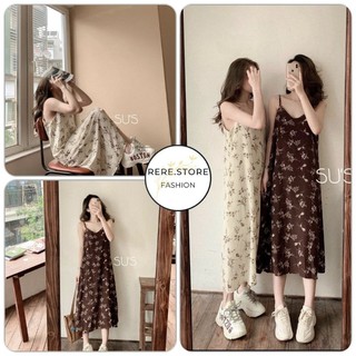 Đầm Suông Hai Dây Mặc Đi Biển Màu Nâu Nữ - Rere.Store [FREESHIP] - Váy midi suông trơn họa tiết hoa nhí thiết kế vintage