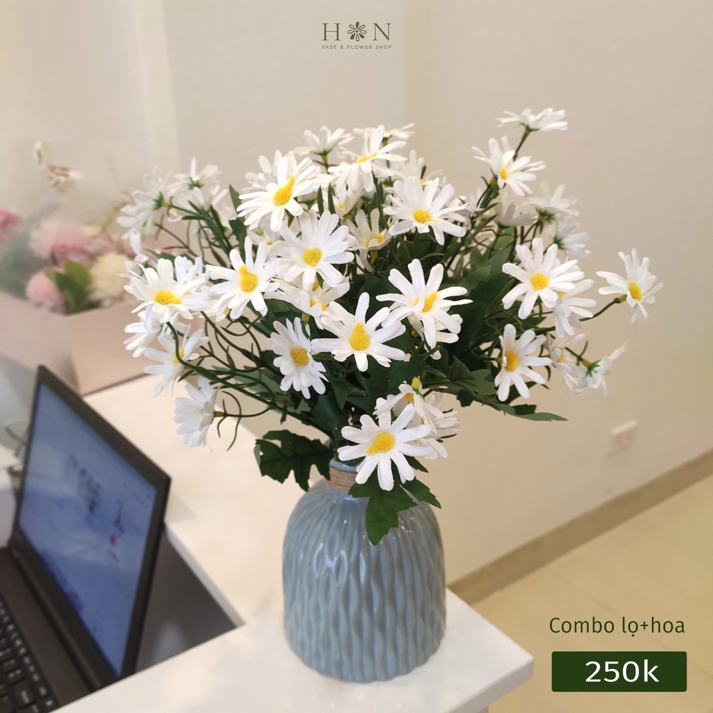 Hoa giả, hoa lụa - Combo bình + hoa cúc họa mi giả trang trí, cao 35cm - Han decor