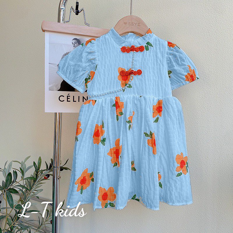 Váy cho bé gái, váy bé gái chất đũi mềm mát, cổ đính hạt ngọc siêu đáng yêu cho bé từ 10-20kg