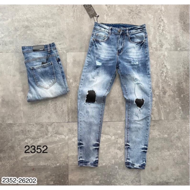 Quần Jeans Nam Đính Đá Rách Vá Khoá Xanh Siêu Đẹp - Quần Bò Nam LV Cao Cấp