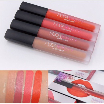 Set 4 son môi kem lì huda beauty liquid matte đẹp cao cấp loại tốt nhất màu hồng đỏ trầm