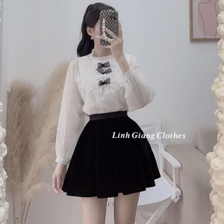 Set chân váy xếp ly áo sơ mi lụa mát