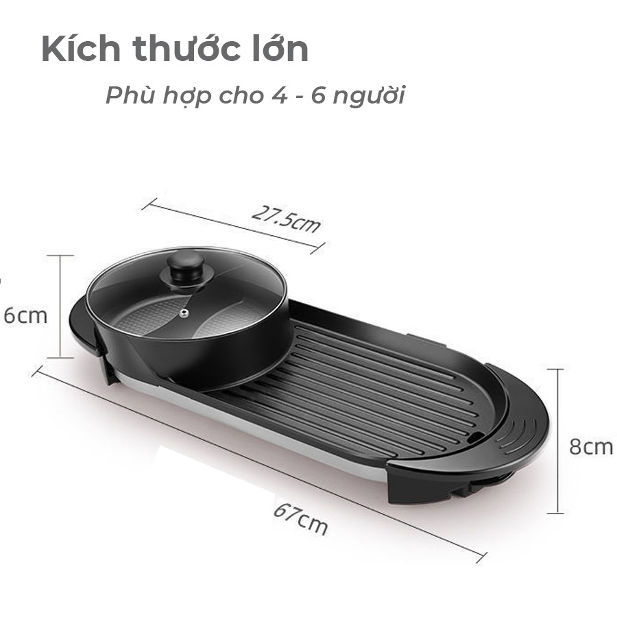 Bếp lẩu nướng điện đa năng 2 ngăn, công suất 2200W, chống dính, điều chỉnh nhiệt độ thuận tiện.