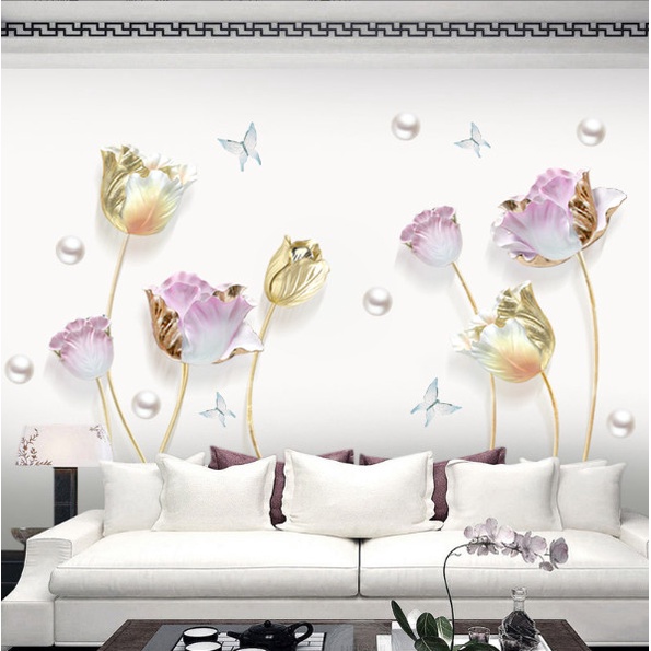 Decal trang trí tường - Hoa hồng ánh vàng và những hạt châu